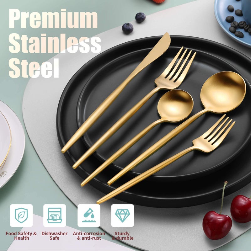 Lemeya Matte Gold Silverware Set for 4,Modern Stainless Steel Brushed Cutlery Set,20-Pieces Heavy Duty Flatware Set,Knives Spoons and Forks Set Utensils Set, Satin Finish, Dishwasher Safe - Image 4
